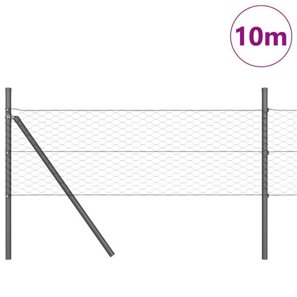 Sechseckzaun Grau 0.5x10 m Stahl, Zaunpfosten 7 Stk Grau Ø32 mm 100 cm Verzinkter Stahl