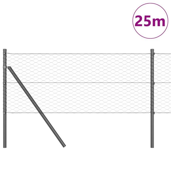 ARDEBO.de - Sechseckzaun Grau 0,6x25 m Stahl, Zaunpfosten 13 Stück Grau Ø32 mm 100 cm Verzinkter Stahl