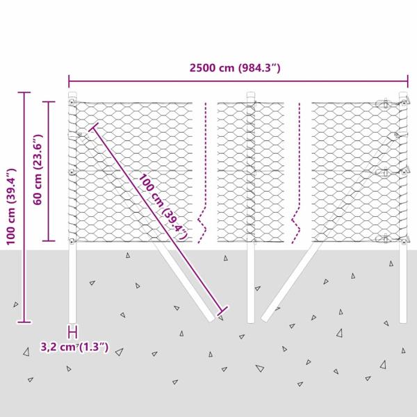 Sechseckzaun Grau 0,6x25 m Stahl, Zaunpfosten 13 Stück Grau Ø32 mm 100 cm Verzinkter Stahl