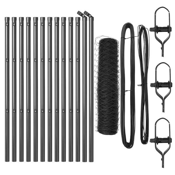 Sechseckzaun Grau 0,6x25 m Stahl, Zaunpfosten 13 Stück Grau Ø32 mm 100 cm verzinkter Stahl