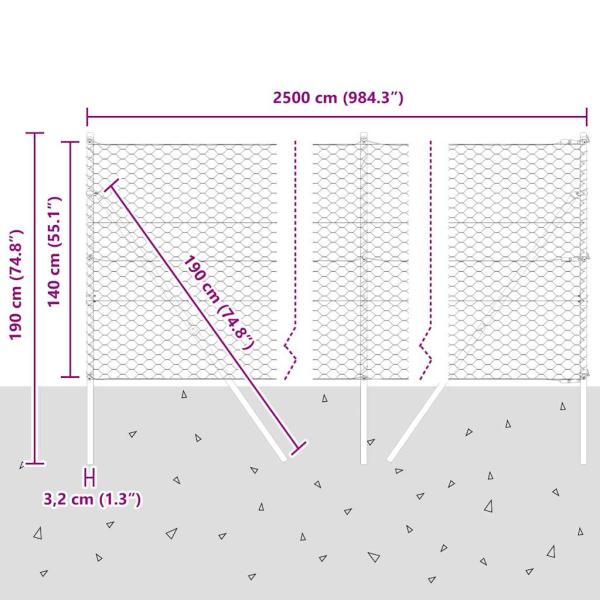 Sechseckzaun Grau 1,4x25 m Stahl, Zaunpfosten 13 Stück Grau Ø32 mm 190 cm Verzinkter Stahl