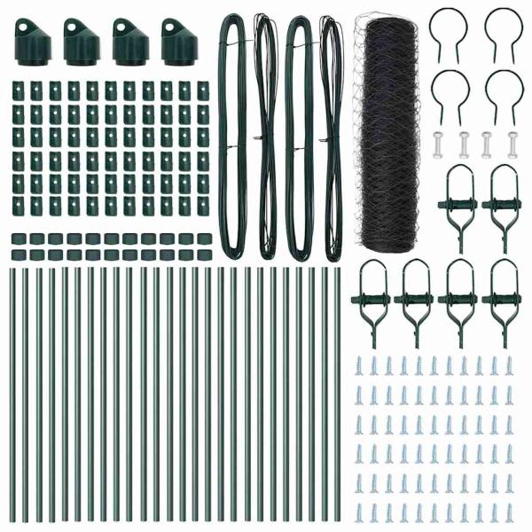 Sechseckzaun Grau 0.4x50 m Stahl, Zaunpfosten 13 Stück Grün Ø32 mm 80 cm Verzinkter Stahl