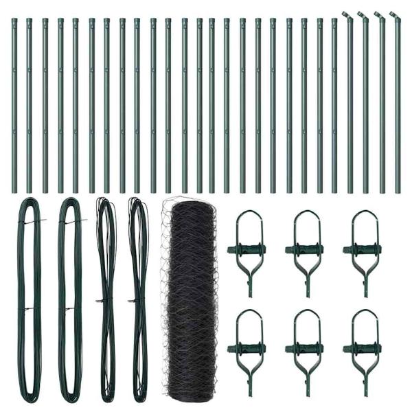 Sechseckzaun Grau 0.5x50 m Stahl, Zaunpfosten 13 Stück Grün Ø32 mm 100 cm Galvanisierter Stahl