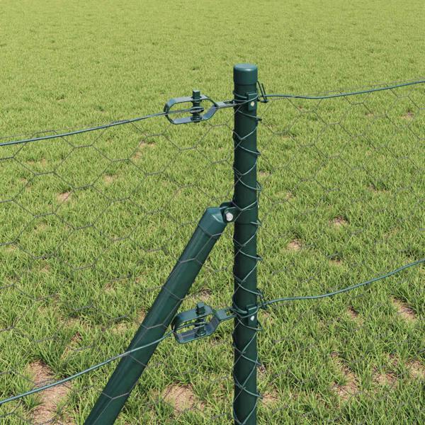 Sechseckiger Zaun Grau 0,6x50 m Stahl, Zaunpfosten 13 Stk Grün Ø32 mm 100 cm galvanisierter Stahl