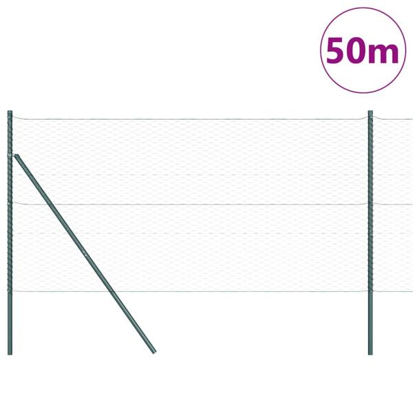 Sechseckzaun Grau 1x50 m Stahl, Zaunpfosten 13 Stück Grün Ø32 mm 150 cm verzinkter Stahl