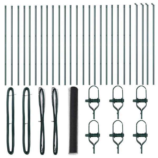Sechseckzaun Grau 1x50 m Stahl, Zaunpfosten 13 Stück Grün Ø32 mm 150 cm verzinkter Stahl