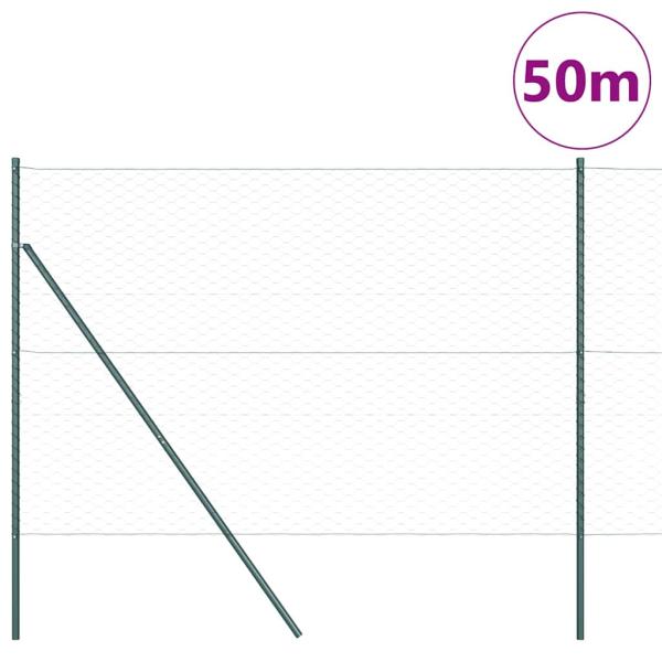 Sechseckzaun Grau 1,6x50 m Stahl, Zaunpfosten 13 Stück Grün Ø32 mm 210 cm Verzinkter Stahl