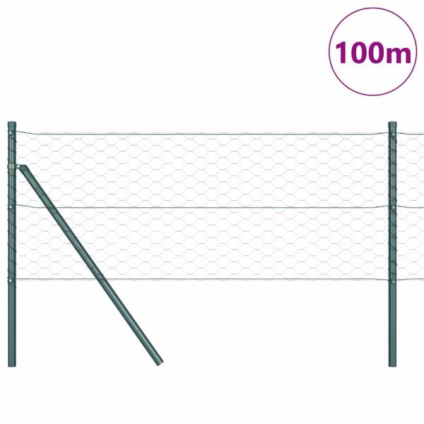 Sechseckzaun Grau 0.6x100 m Stahl, Zaunpfosten 13 Stück Grün Ø32 mm 100 cm Verzinkter Stahl