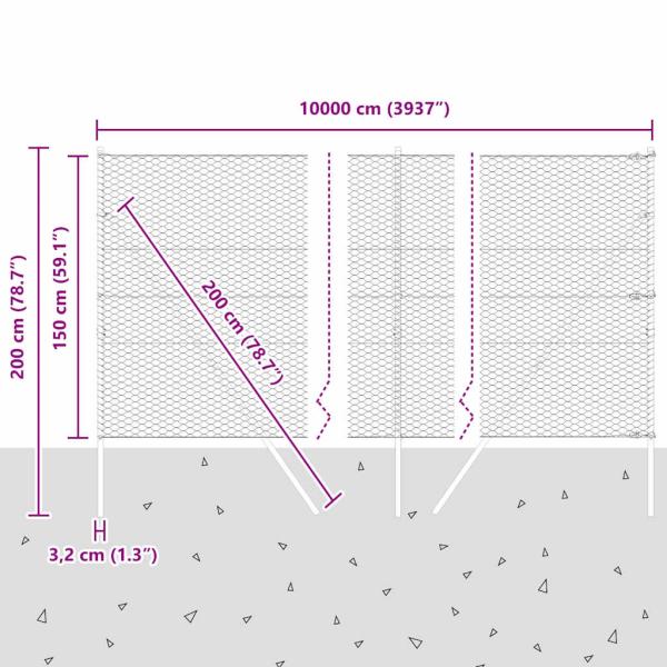 Sechseckzaun Grau 1,5x100 m Stahl, Zaunpfosten 13 Stück Grün Ø32 mm 200 cm Galvanisierter Stahl