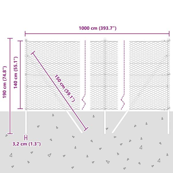 Bodenmontierter Sechseckzaun 10 x 1,4 m Verzinkter Stahl Silber