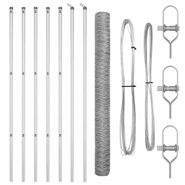 Sechseckzaun 1,5x10 m Verzinkter Stahl, Zaunpfosten 7 St. Ø32 mm 200 cm Verzinkter Stahl