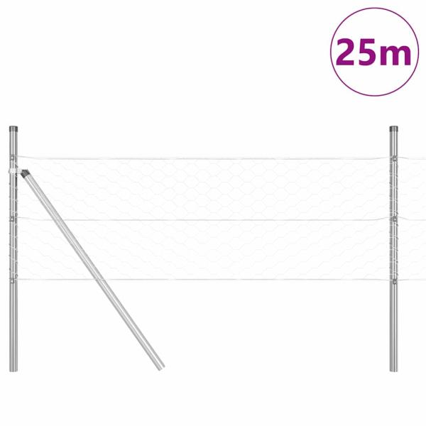 Sechseckzaun 0.4x25 m Feuerverzinkter Stahl, Zaunpfosten 13 Stück Ø32 mm 80 cm Feuerverzinkter Stahl