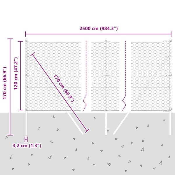 Bodenmontierter Sechseckzaun 25 x 1,2 m Verzinkter Stahl Silber