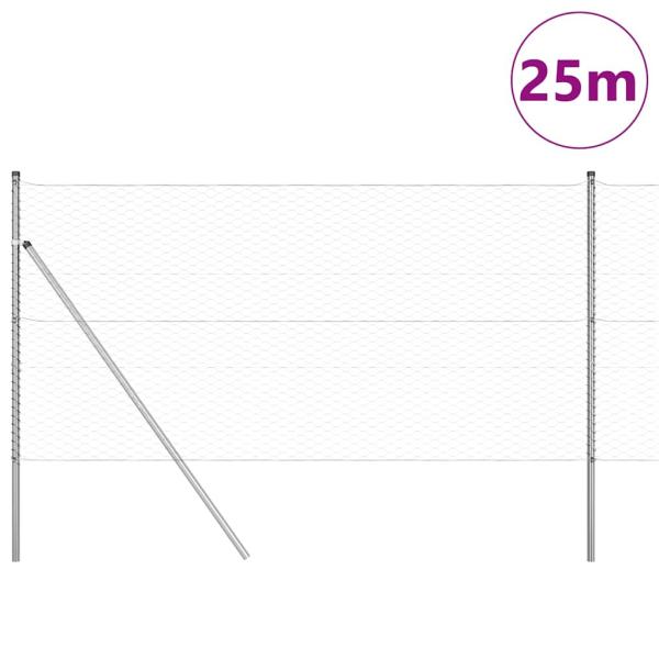 Hexagonalzaun 1,4x25 m Verzinkter Stahl, Zaunpfosten 13 Stück Ø32 mm 190 cm Verzinkter Stahl
