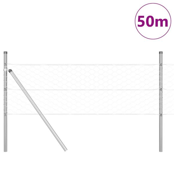 Hexagonzaun 0,5x50 m Verzinkter Stahl, Zaunpfosten 13 Stück Ø32 mm 100 cm Verzinkter Stahl