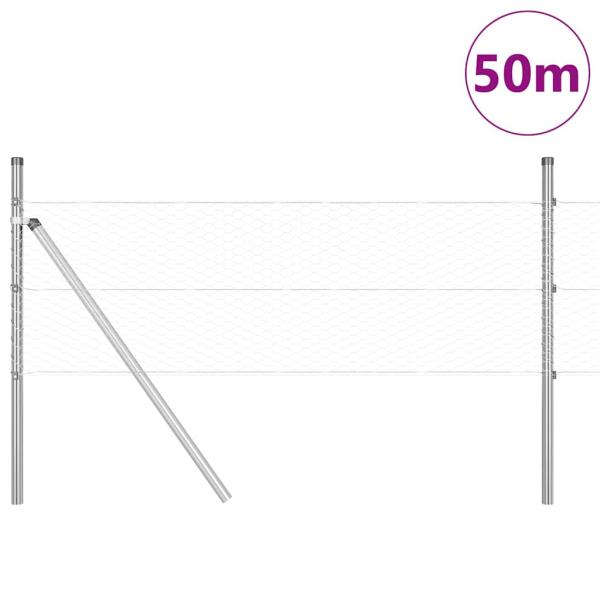 Hexagon-Zaun 0,8x50 m Verzinkter Stahl, Zaunpfosten 13 Stück Ø32 mm 120 cm Verzinkter Stahl