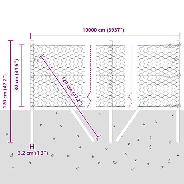 Bodenmontierter Sechseckzaun 100 x 0,8 m Verzinkter Stahl Netz