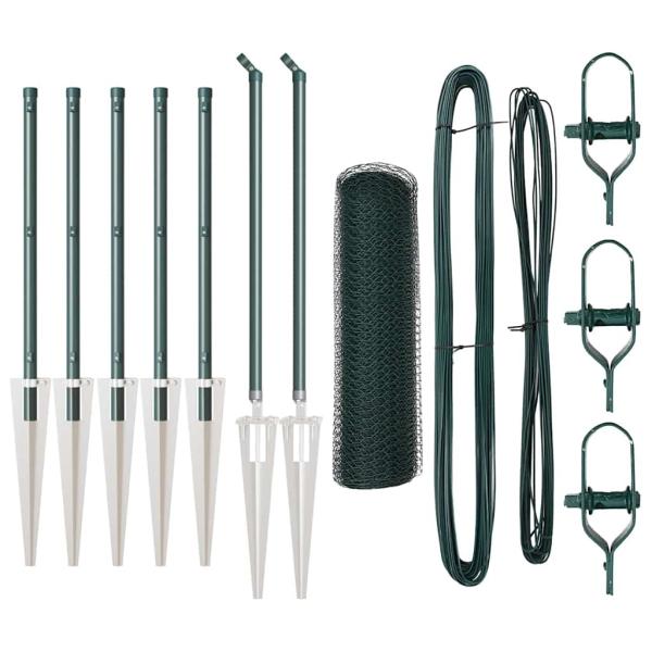 Sechseckzaun Grün 0.4x10 m Stahl, Zaunpfosten mit Spike 7 Stück Ø32 mm 60 cm verzinkter Stahl