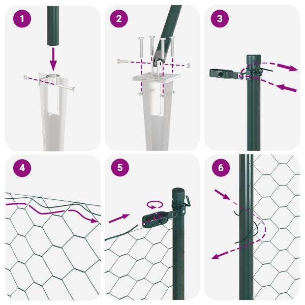 Sechseckzaun Grün 0.4x10 m Stahl, Zaunpfosten mit Spike 7 Stück Ø32 mm 60 cm verzinkter Stahl