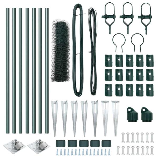 Hexagon Zaun Grün 0,4x10 m Stahl, Zaunpfosten mit Spitze 7 Stück Ø32 mm 60 cm verzinkter Stahl