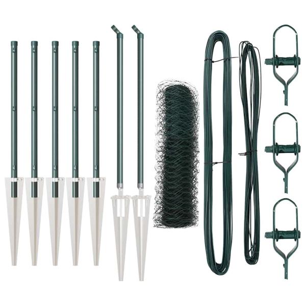 Hexagonzaun Grün 0.5x10 m Stahl, Zaunpfosten mit Spike 7 Stück Ø32 mm 80 cm Galvanisiertes Stahl