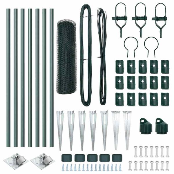 Sechseckzaun Grün 0,8x10 m Stahl, Zaunpfosten mit Spitze 7 Stück Ø32 mm 100 cm verzinkter Stahl
