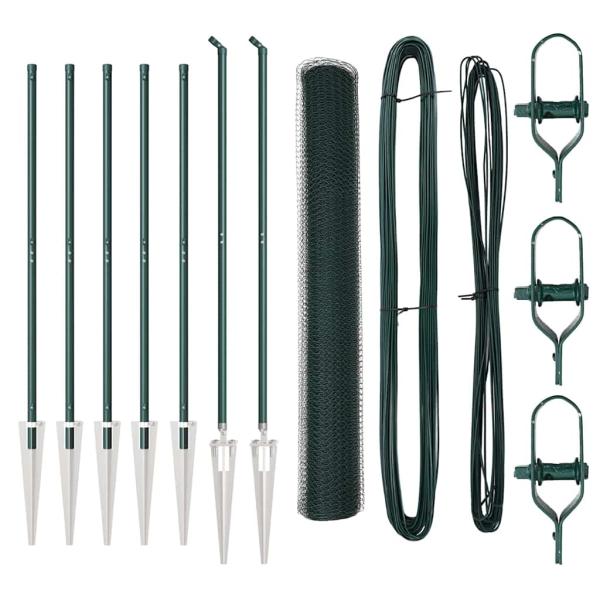 Hexagonzaun Grün 1,4x10 m Stahl, Zaunpfosten mit Spike 7 Stück Ø32 mm 160 cm verzinkter Stahl