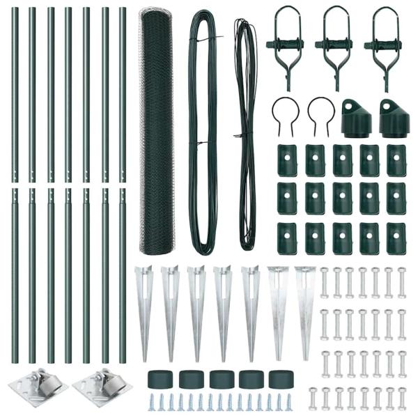 Hexagonzaun Grün 1,4x10 m Stahl, Zaunpfosten mit Spike 7 Stück Ø32 mm 160 cm verzinkter Stahl