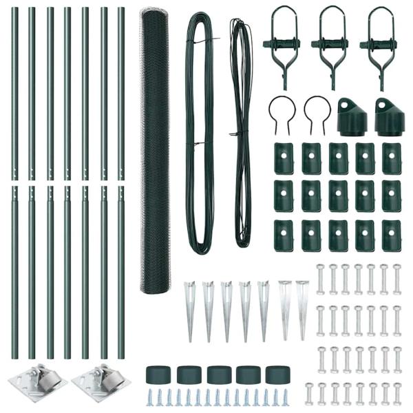 Sechseckzaun Grün 1,5x10 m Stahl, Zaunpfosten mit Spike 7 Stück Ø32 mm 170 cm Verzinkter Stahl