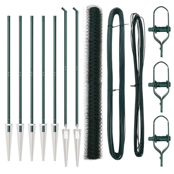 Sechseckzaun Grün 1,5x10 m Stahl, Zaunpfosten mit Spitze 7 Teile Ø32 mm 170 cm Verzinkter Stahl