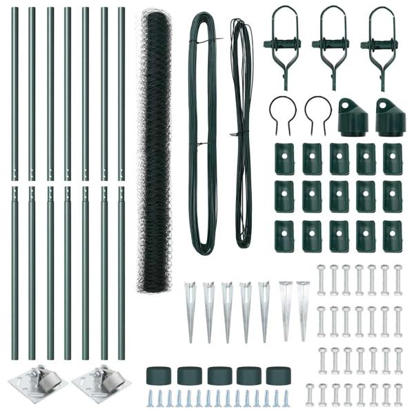 Sechseckzaun Grün 1,5x10 m Stahl, Zaunpfosten mit Spitze 7 Teile Ø32 mm 170 cm Verzinkter Stahl