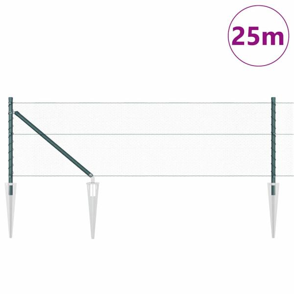Sechseckzaun Grün 0,6x25 m Stahl, Zaunpfosten mit Spike 13 Stück Ø32 mm 80 cm Verzinkter Stahl