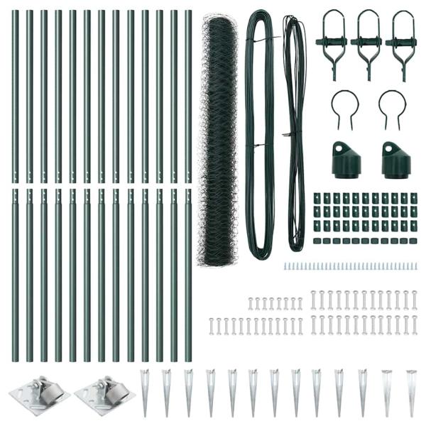 Hexagonzaun Grün 1,4x25 m Stahl, Zaunpfosten mit Spitze 13 Stück Ø32 mm 160 cm verzinkter Stahl