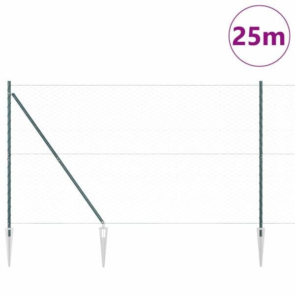 Sechseckzaun Grün 1,6 x 25 m Stahl, Zaunpfosten mit Spitze 13 Stück Ø32 mm 180 cm verzinkter Stahl