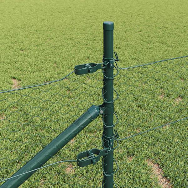 Sechseckzaun Grün 0,5x50 m Stahl, Zaunpfosten mit Spike 13 Stück Ø32 mm 80 cm verzinkter Stahl