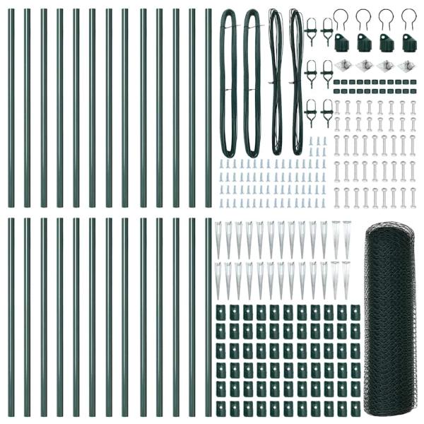 Sechseckzaun Grün 0,6x50 m Stahl, Zaunpfosten mit Spike 13 Stück Ø32 mm 80 cm verzinkter Stahl