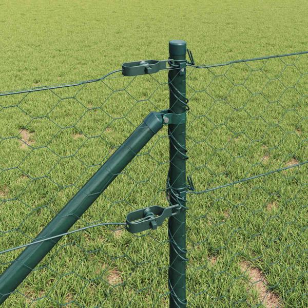 Sechseckzaun Grün 0,6x50 m Stahl, Zaunpfosten mit Spike 13 Stück Ø32 mm 80 cm verzinkter Stahl