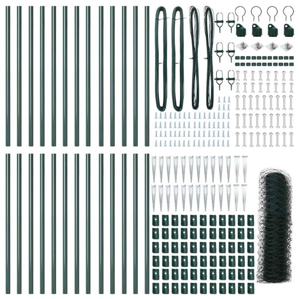 Sechseckzaun Grün 0,6x50 m Stahl, Zaunpfosten mit Spike 13 Stück Ø32 mm 80 cm verzinkter Stahl
