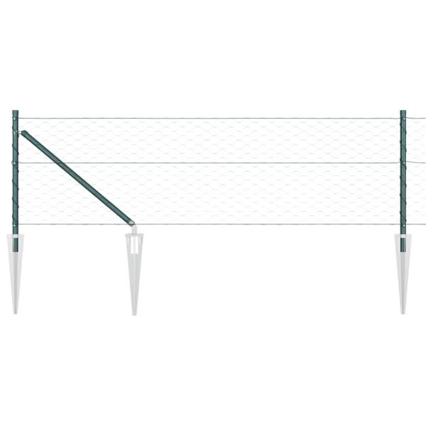 Sechseckzaun Grün 0,6x50 m Stahl, Zaunpfosten mit Spike 13 Stück Ø32 mm 80 cm verzinkter Stahl
