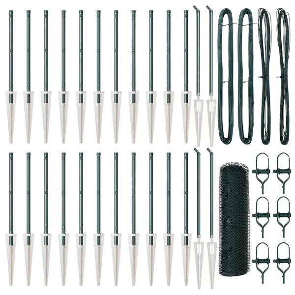Sechseckzaun Grün 0,8x50 m Stahl, Zaunpfosten mit Spike 13 Stück Ø32 mm 100 cm Verzinkter Stahl