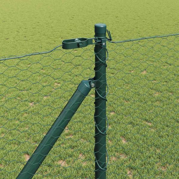 Sechseckzaun Grün 1x50 m Stahl, Zaunpfosten mit Spitze 13 Stk Ø32 mm 120 cm verzinkter Stahl
