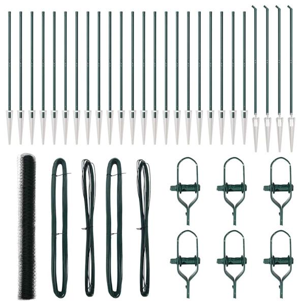 Hexagon Zaun Grün 1,5x50 m Stahl, Zaunpfosten mit Spike 13 Stück Ø32 mm 170 cm verzinkter Stahl