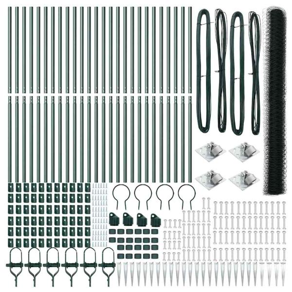 Hexagon Zaun Grün 1,5x50 m Stahl, Zaunpfosten mit Spike 13 Stück Ø32 mm 170 cm verzinkter Stahl