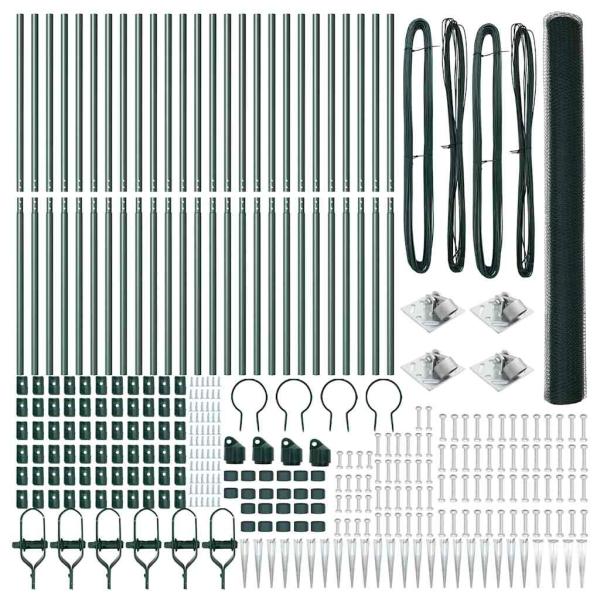 Sechseckzaun Grün 1,6x50 m Stahl, Zaunpfosten mit Spike 13 Stück Ø32 mm 180 cm verzinkter Stahl