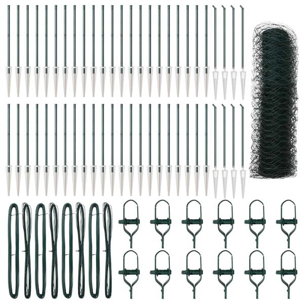 Hexagonzaun Grün 0,4x100 m Stahl, Zaunpfosten mit Spitze 13 Stück Ø32 mm 60 cm Verzinkter Stahl