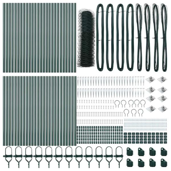 Sechseckzaun Grün 0,6x100 m Stahl, Zaunpfosten mit Spitze 13 Stück Ø32 mm 80 cm verzinkter Stahl