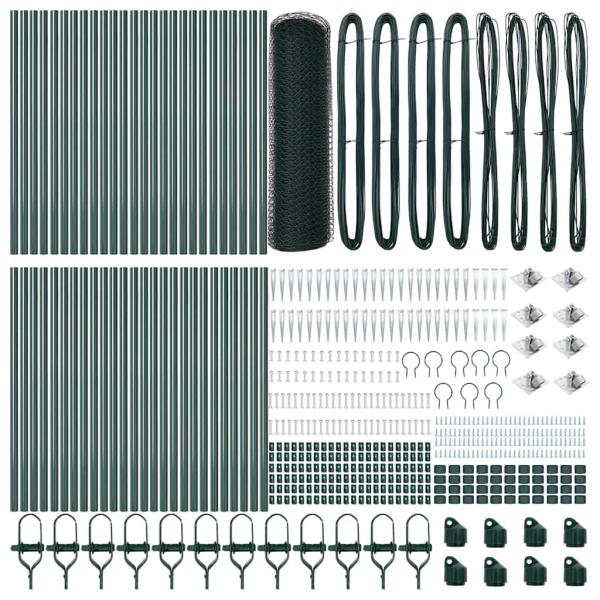Sechseckzaun Grün 0.8x100 m Stahl, Zaunpfosten mit Spitze 13 Stück Ø32 mm 100 cm verzinkter Stahl