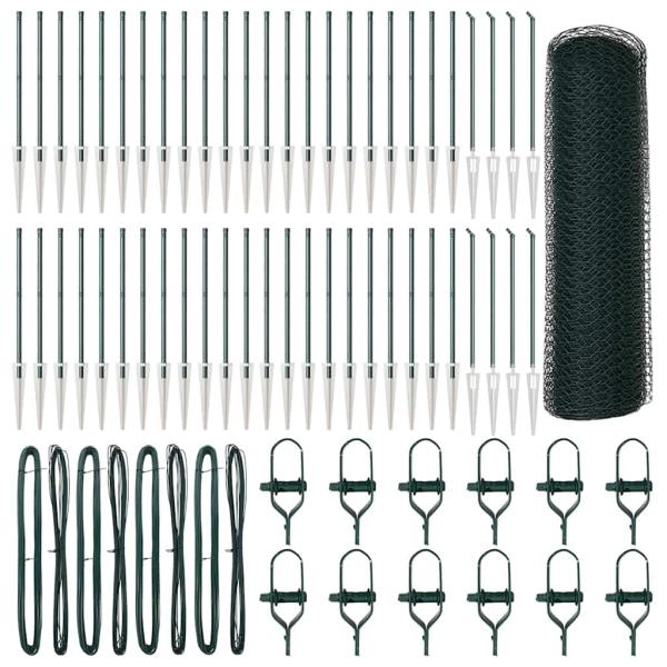 Sechseckzaun Grün 1x100 m Stahl, Zaunpfosten mit Spike 13 Stück Ø32 mm 120 cm verzinkter Stahl