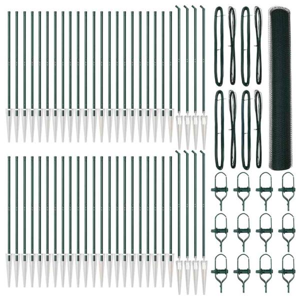 Sechseckzaun Grün 1.2x100 m Stahl, Zaunpfosten mit Spike 13 Stück Ø32 mm 140 cm verzinkter Stahl