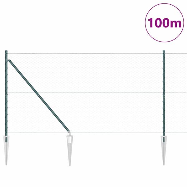 Sechseckzaun Grün 1,4x100 m Stahl, Zaunpfosten mit Spike 13 Stk Ø32 mm 160 cm verzinkter Stahl